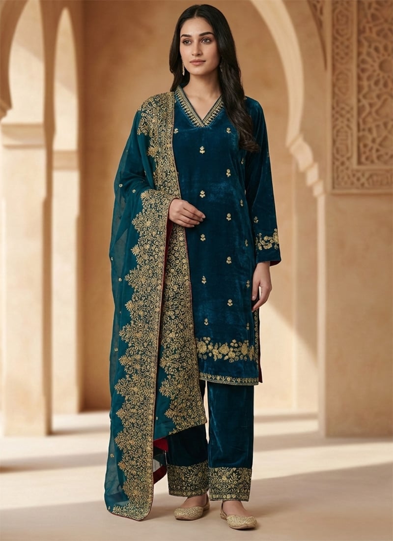 Dark Teal Velvet Zari Embroidered Sequins Straight Pant Suit Festive Wear