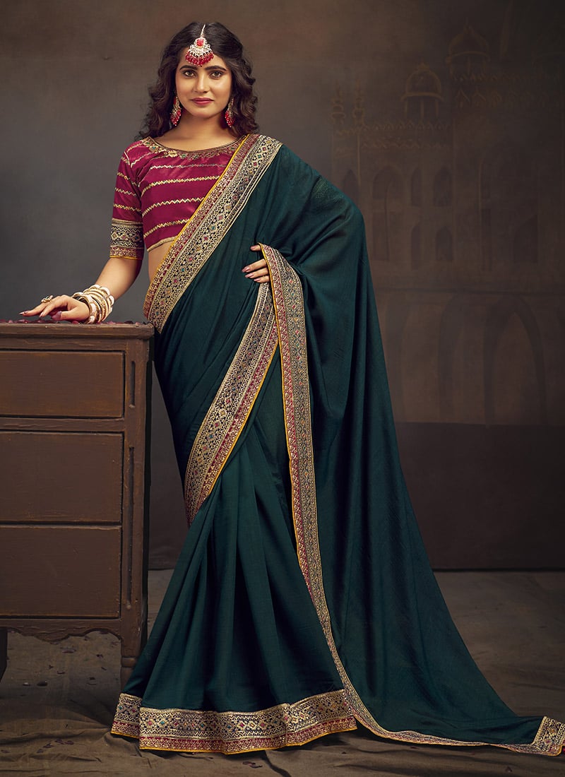 Dark Teal Vichitra Silk Embroidered Saree Festive Wear