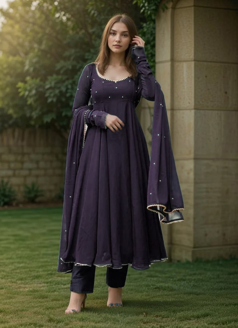 Dark Violet Faux Georgette Hand Embroidered Beads Work Anarkali Suit