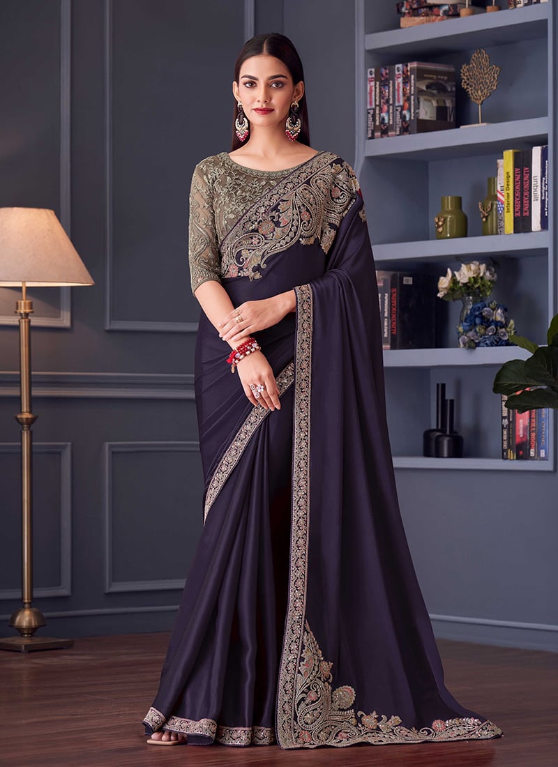 Dark Violet Silk Chiffon Embroidered Sequins Saree Festive Wear