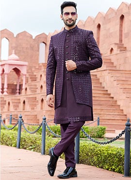 Dark Wine Art Silk Embroidered Indowestern Sherwani