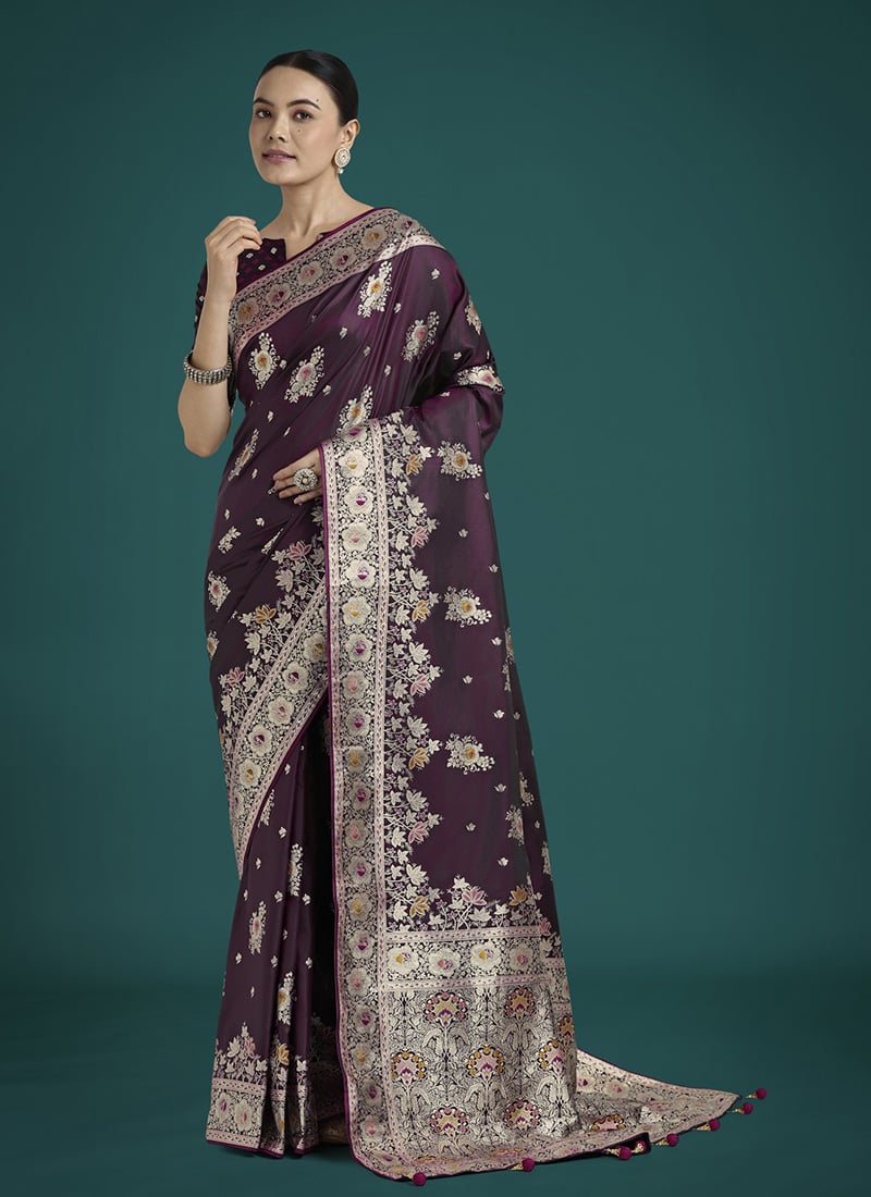 Dark Wine Banarasi Silk Zari Woven Saree Festive Wear