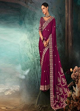 Dark Wine Fancy Silk Zari Embroidered Sequins Stones Saree