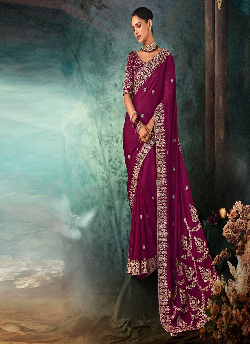Dark Wine Fancy Silk Zari Embroidered Sequins Stones Saree Wedding Wear