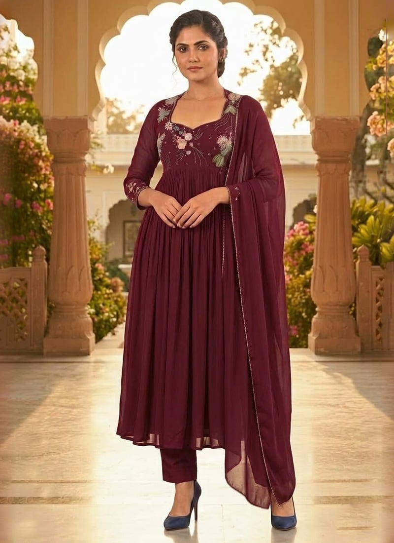 Dark Wine Georgette Zari Resham Sequins Anarkali Suit Festive Wear