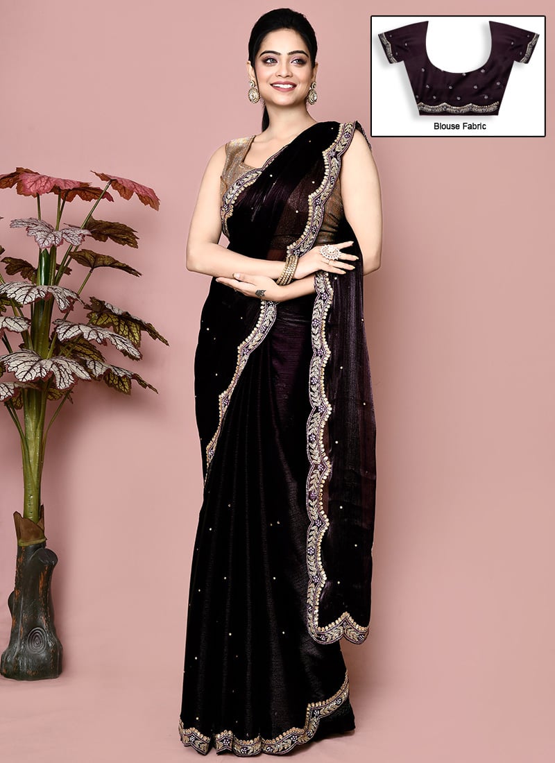 Dark Wine Organza Hand Embroidered Saree Wedding Wear