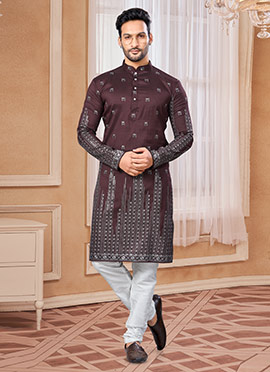 Dark Wine Silk Embroidered Sequins Kurta Pyjama