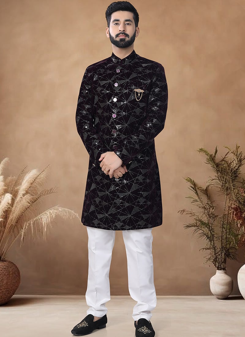 Dark Wine Velvet Embroidered And Sequins Thread Classic Sherwani Wedding Wear