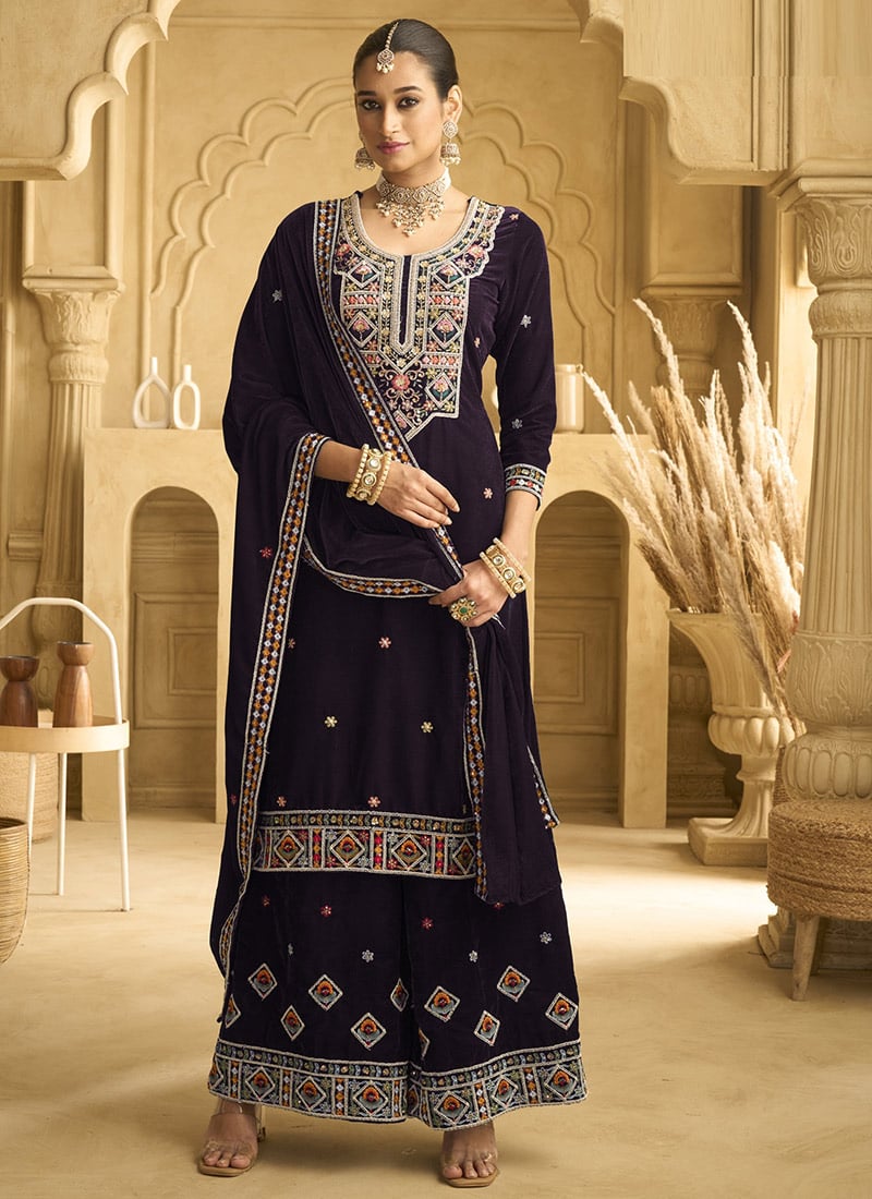 Dark Wine Velvet Palazzo Suit With Sequins Embroidery And Beads Work