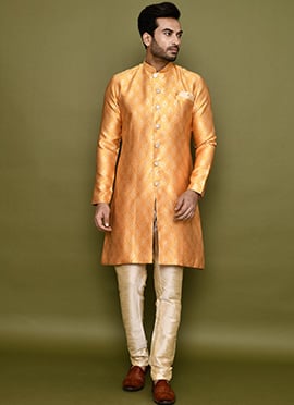 Dark Yellow Jacquard Silk Indowestern Sherwani