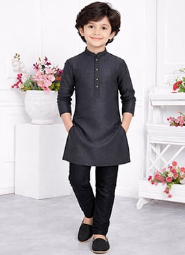 Dashing Black Jacquard Silk Brocade Kids Boys Kurta Pyjama