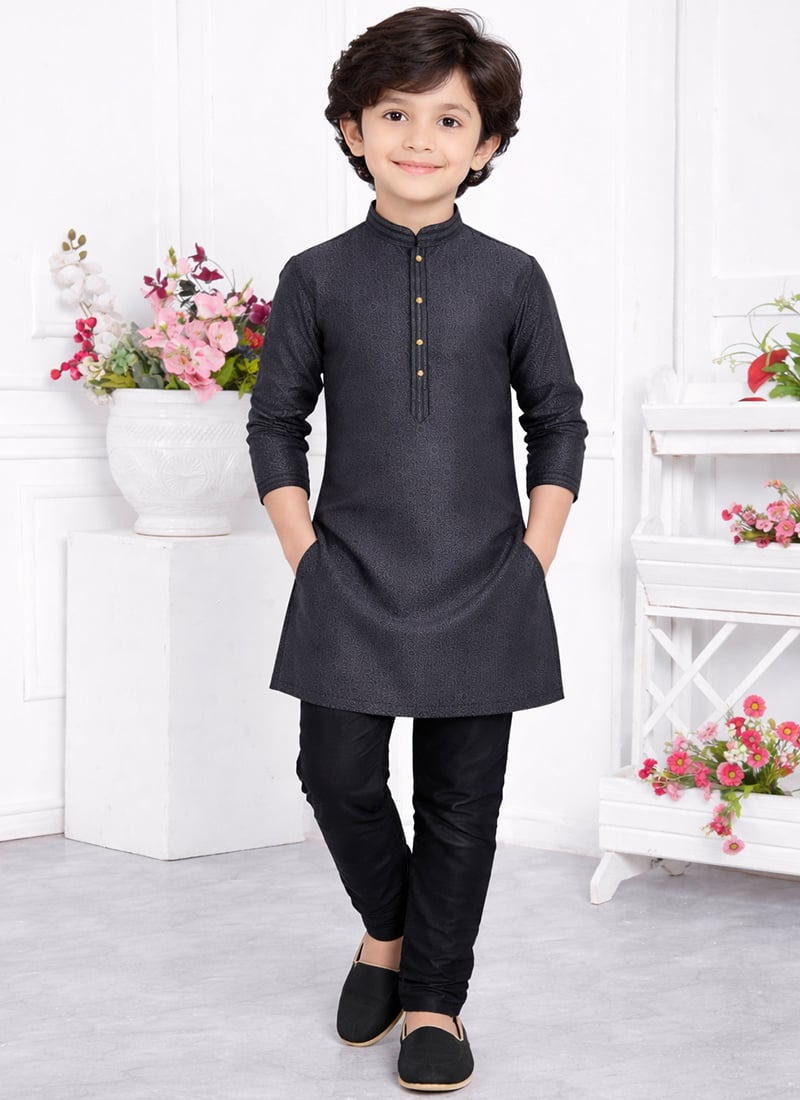 Dashing Black Jacquard Silk Brocade Kids Boys Kurta Pyjama Festive Wear
