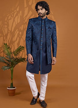 Dashing Blue Art Silk Indowestern Sherwani