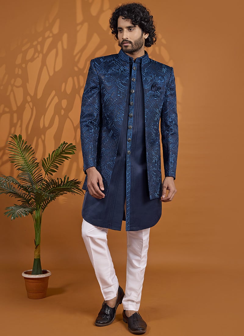 Dashing Blue Art Silk Indowestern Sherwani Wedding Wear