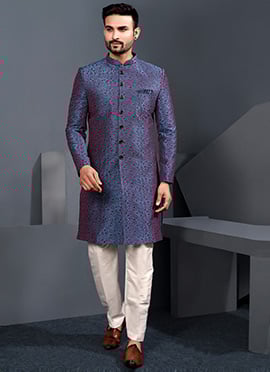 Dashing Blue Silk Embroidered Thread Indowestern Sherwani