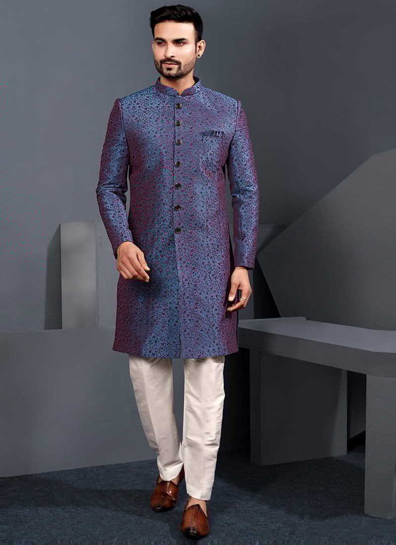 Dashing Blue Silk Embroidered Thread Indowestern Sherwani Wedding Wear