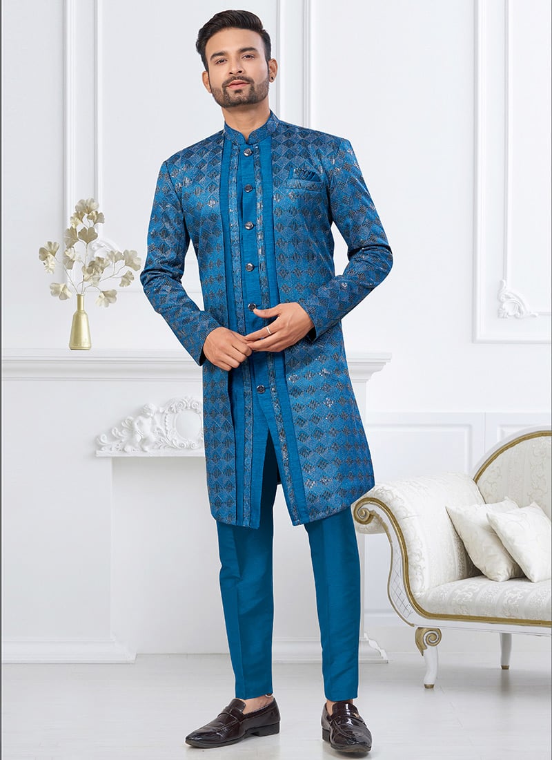 Dashing Cobalt Blue Zari Jackard Banarasi Silk Stones Zari Indowestern Sherwani Wedding Wear