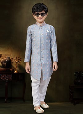 Dashing Grey Banarasi Silk Sequins Embroidered Thread Kids Boys Indowestern Sherwani
