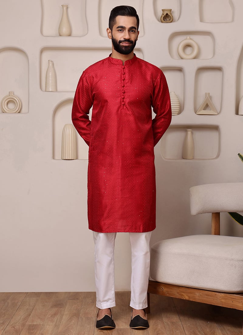 Dashing Red Blended Cotton Sequins Embroidered Kurta Pyjama Festive Wear