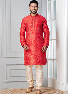 Dashing Red Dupion Silk Printed Kurta Pyjama