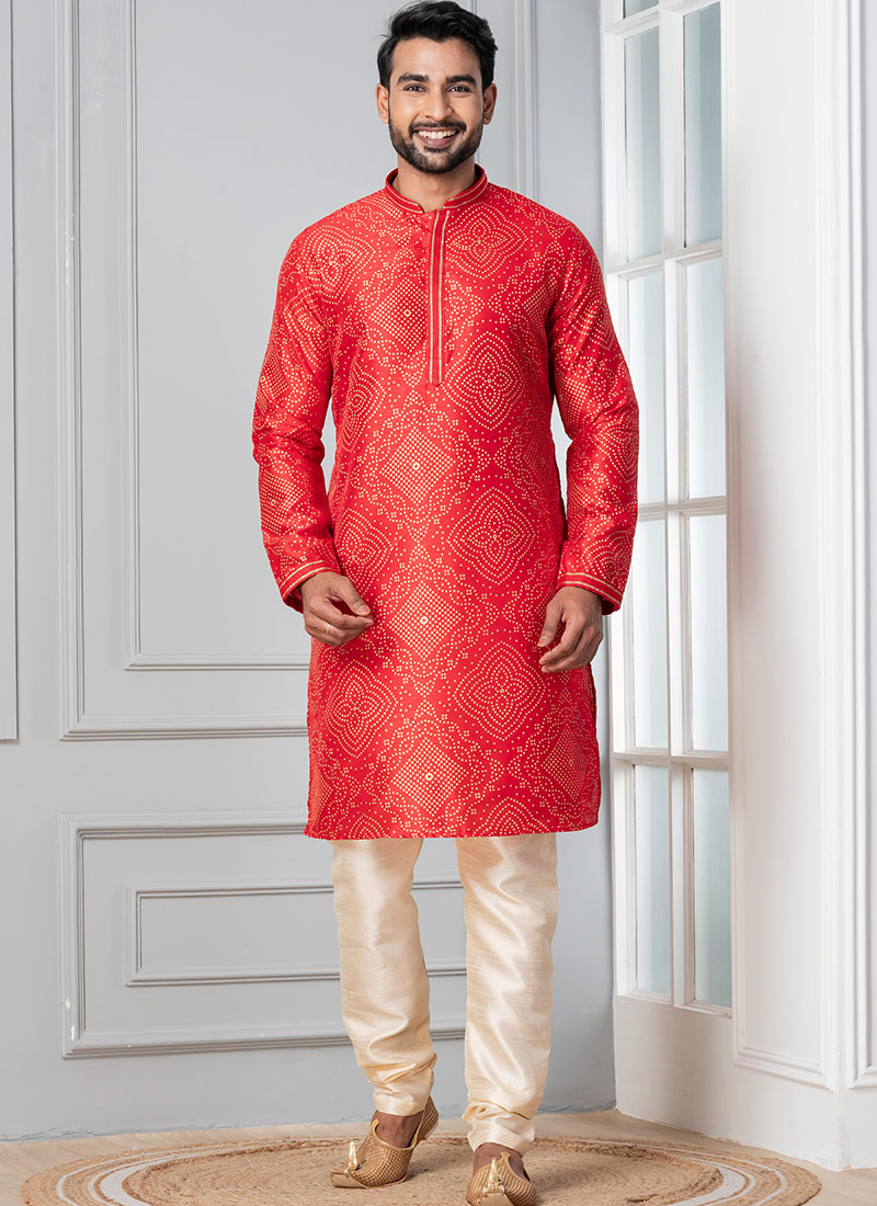 Dashing Red Dupion Silk Printed Kurta Pyjama Festive Wear
