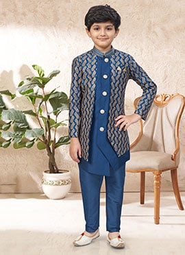 Dashing Royal Blue Banarasi Silk Zari Stone Work Kids Boys Indowestern Sherwani