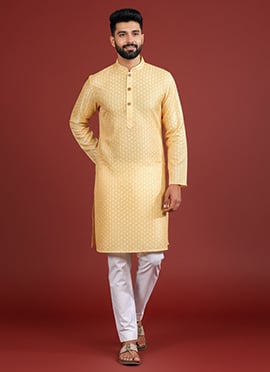 Dashing Yellow Silk Printed Kurta Pyjama