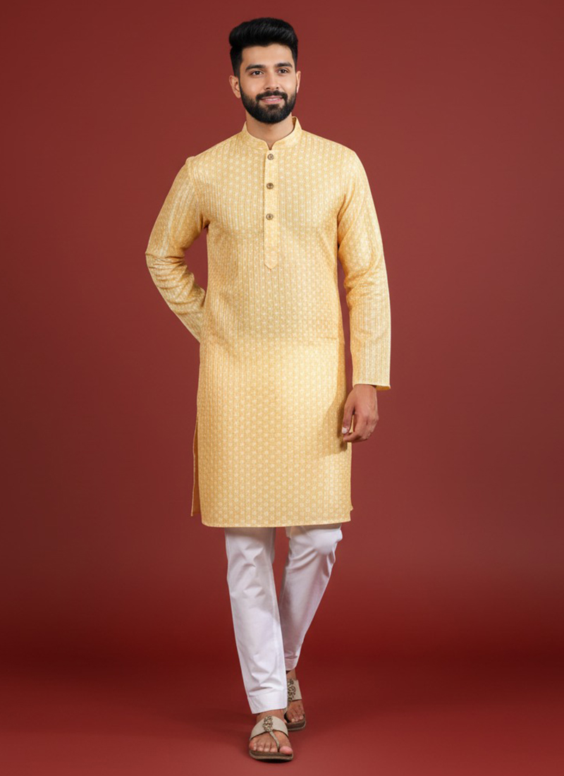 Dashing Yellow Silk Printed Kurta Pyjama Festive Wear
