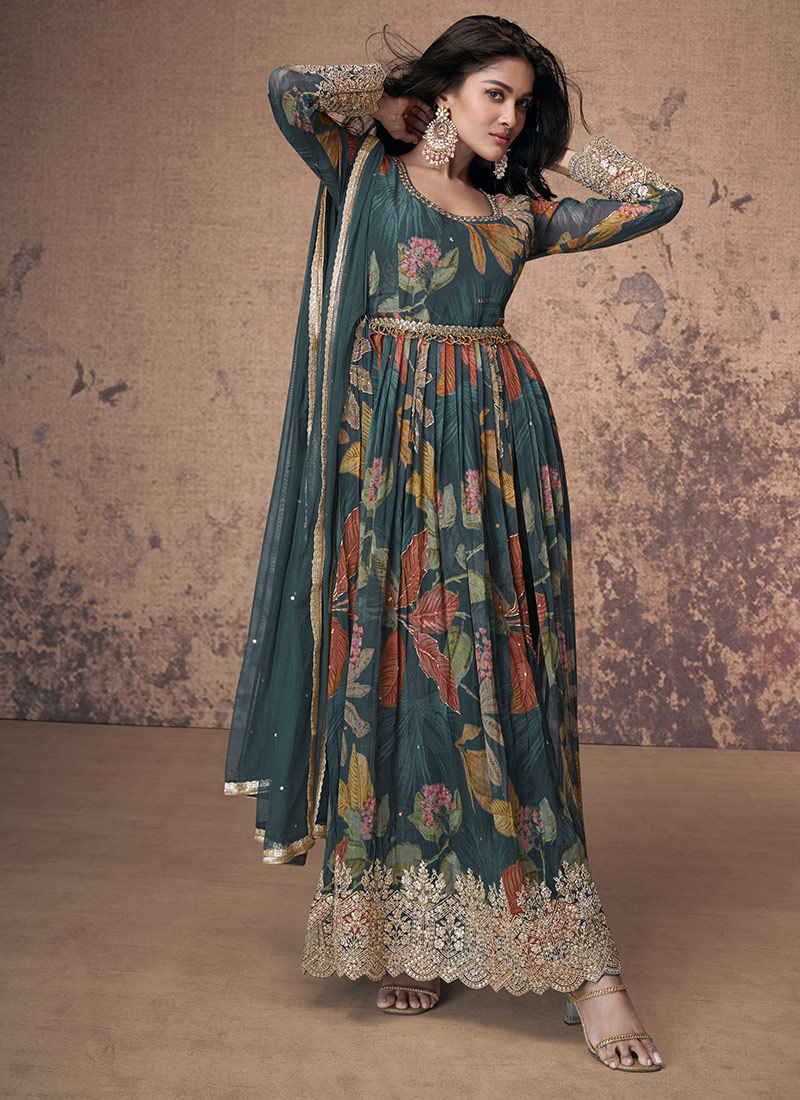 Dazzle In Teal Georgette Printed Embroidered Sequins Anarkali Suit