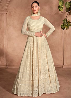 Dazzling Beige Georgette Beads Embroidered Sequins A Line Anarkali Suit