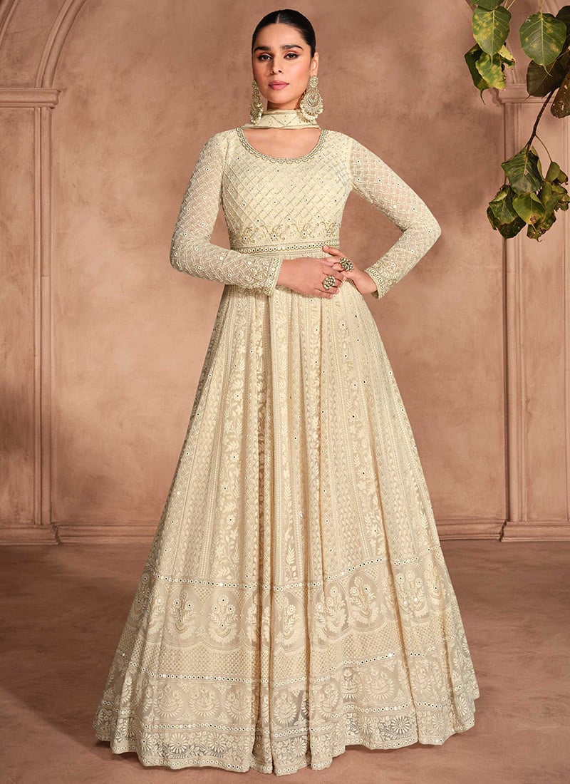 Dazzling Beige Georgette Beads Embroidered Sequins A Line Anarkali Suit Festive Wear