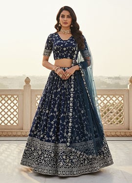 Dazzling Blue Faux Georgette Sequins Zari Embroidered Umbrella Lehenga