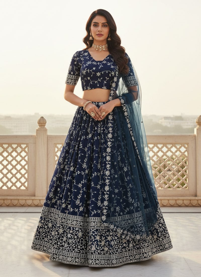 Dazzling Blue Faux Georgette Sequins Zari Embroidered Umbrella Lehenga After Six Wear