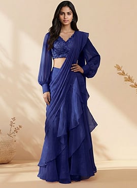 Dazzling Blue Organza Sequins Stones Hand Embroidered Saree