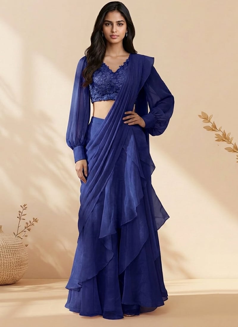 Dazzling Blue Organza Sequins Stones Hand Embroidered Saree Wedding Wear