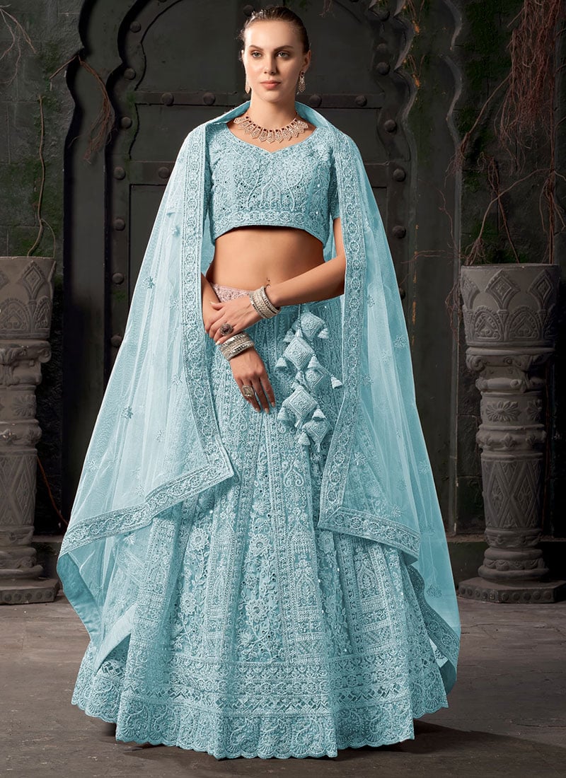 Dazzling Delight In Blue Net Zari Zarkan Embroidered Sequins Lehenga Wedding Wear