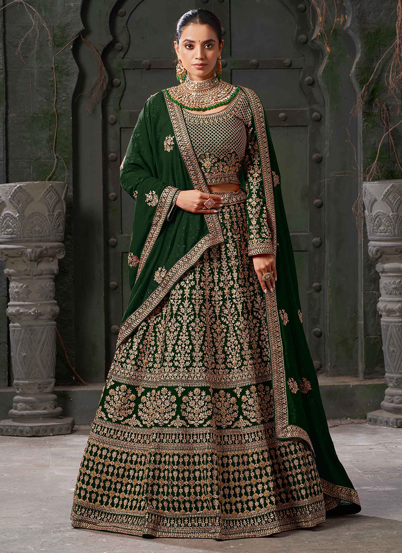 Dazzling Delight In Green Georgette Zari Zarkan Embroidered Lehenga