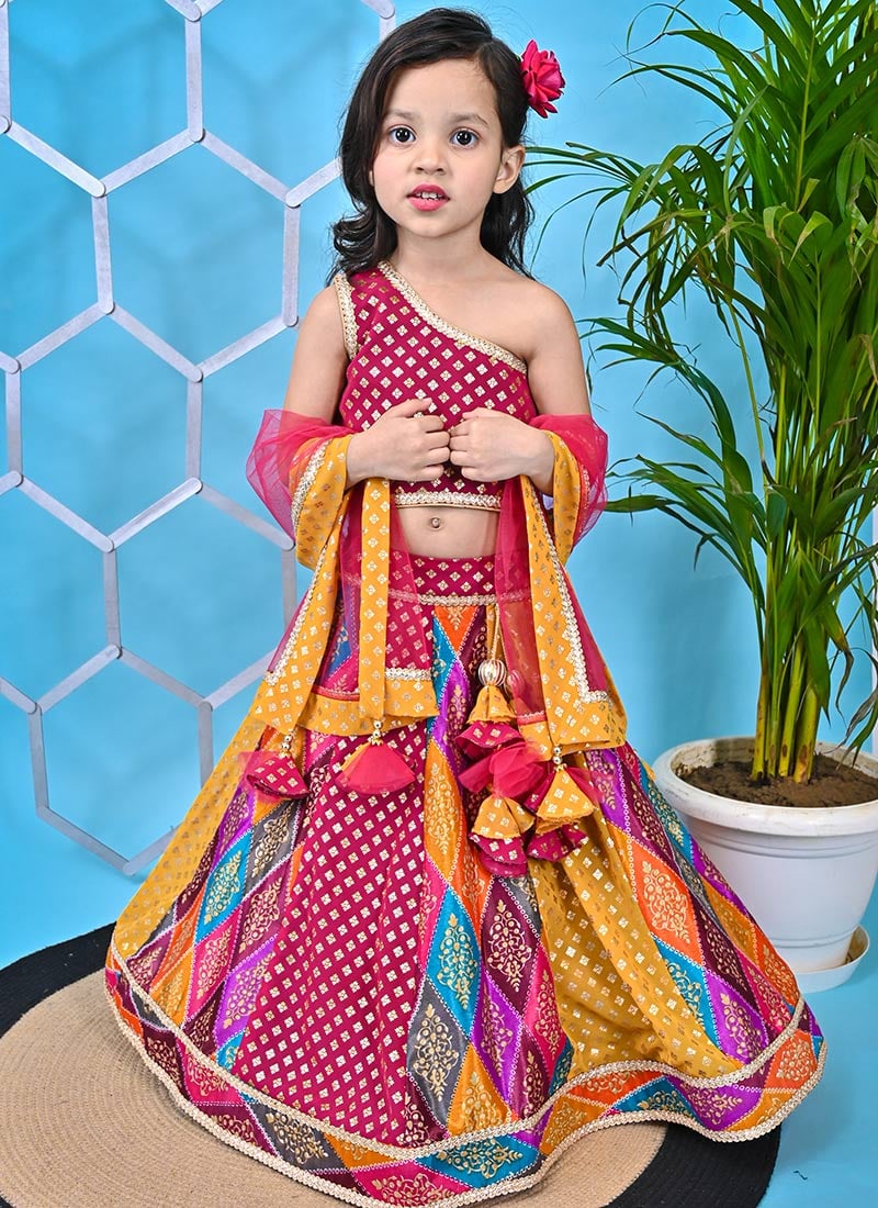 Kids Girls Dazzling Foil Print Silk Umbrella Lehenga Party Wear