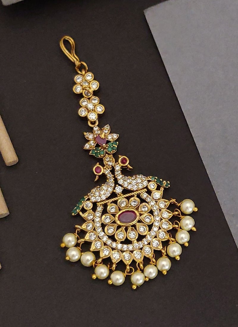 Dazzling Gold Stones Moti Mangtikka Festive Wear