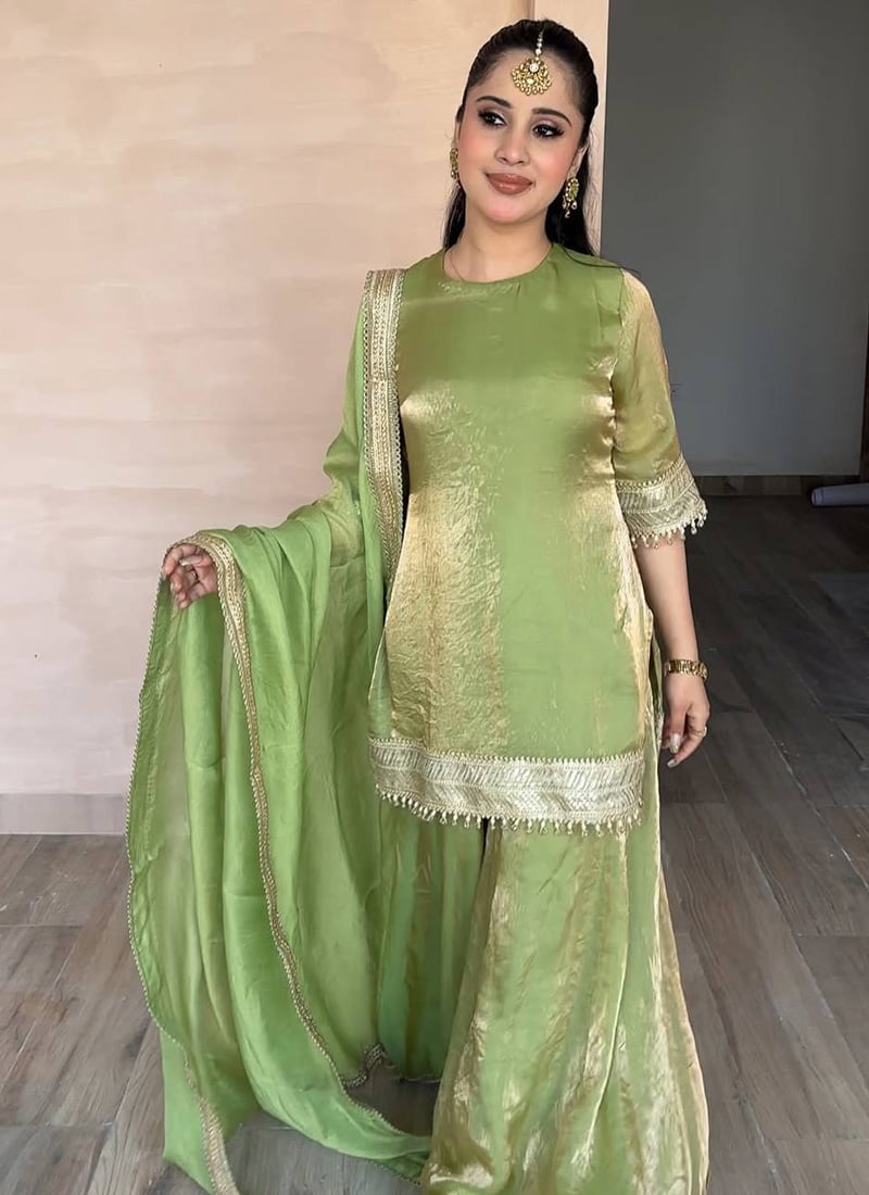 Dazzling Green Fancy Silk Palazzo Suit After Six Wear