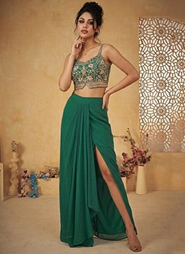Dazzling Green Faux Georgette Beads Resham Sequins Indowestern Set And Suit
