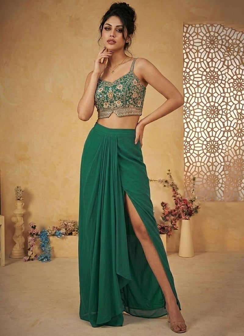 Dazzling Green Faux Georgette Beads Resham Sequins Indowestern Set And Suit Wedding Wear