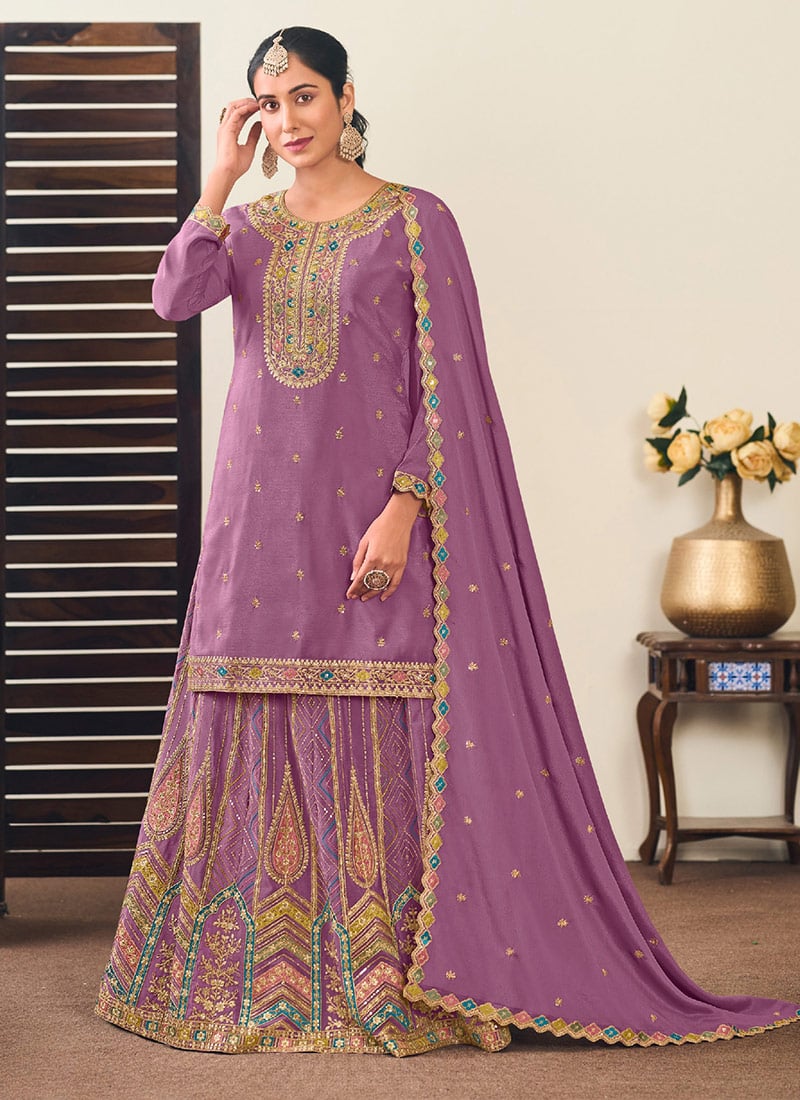 Dazzling Lilac Chinon Zari Embroidered Sequins Long Choli Lehenga Wedding Wear