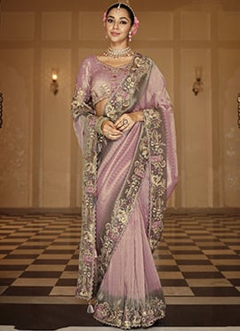 Dazzling Mauve Soft Silk Zari Weaving Heavy Thread Embroidery Khatli Work Saree