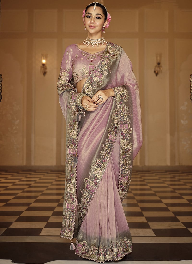 Dazzling Mauve Soft Silk Zari Weaving Heavy Thread Embroidery Khatli Work Saree Wedding Wear