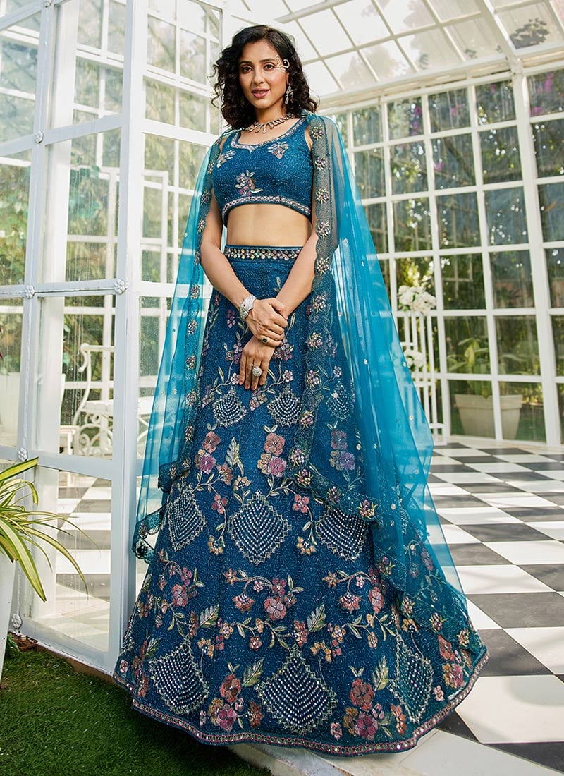Dazzling Navy Blue Net Zarkan Floral Embroidered Sequins With Stone Work Lehenga