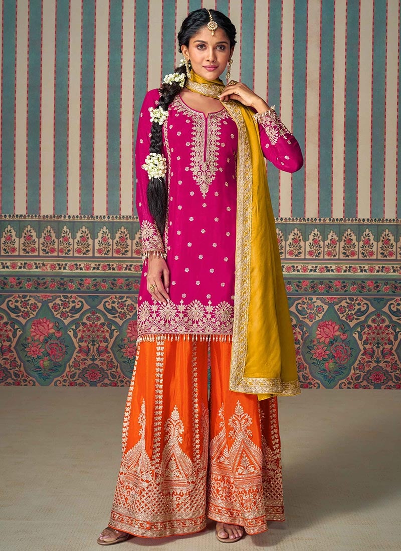 Dazzling Pink Chinon Silk Zari Embroidered Sequins Pakistani Palazzo Suit Festive Wear