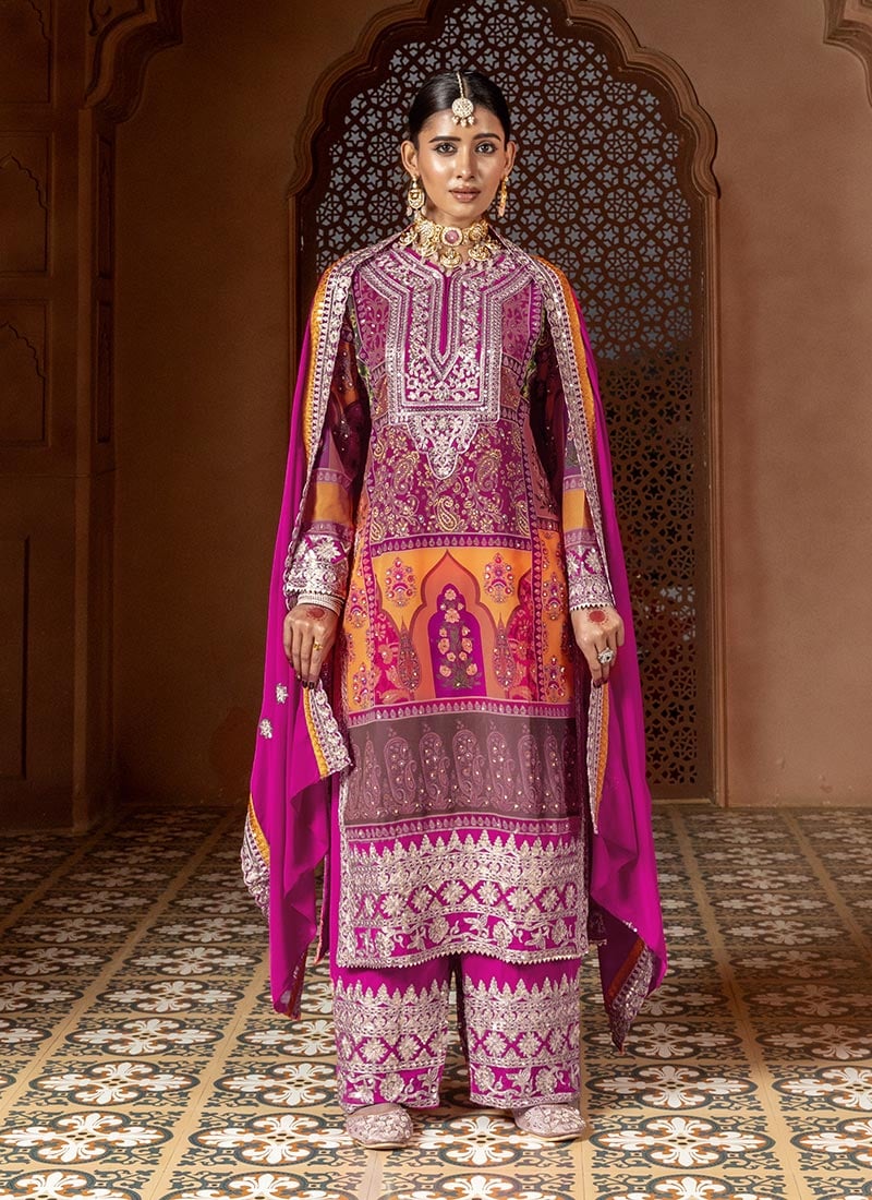 Dazzling Pink Faux Georgette Digital Print With Zari Sequins Palazzo Suit