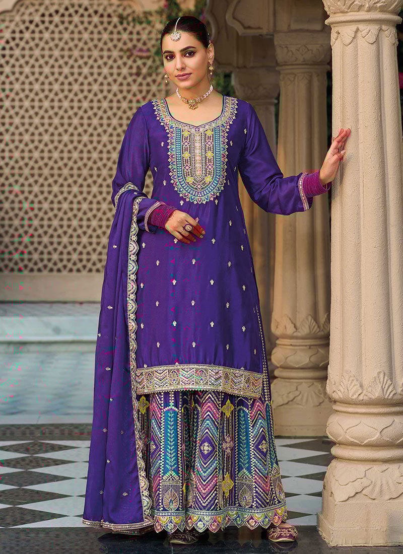 Dazzling Purple Chinon Zari Embroidered Sequins Palazzo Suit Festive Wear