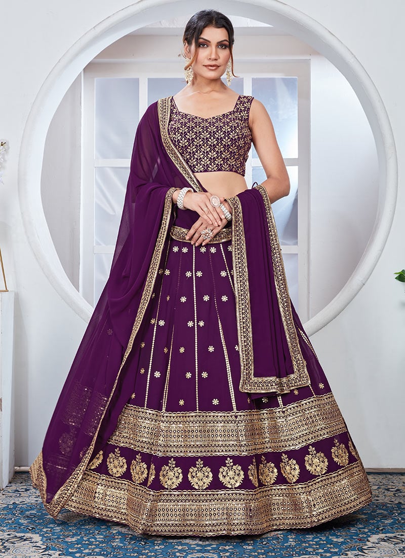 Dazzling Purple Faux Georgette Embroidered Sequins Lehenga